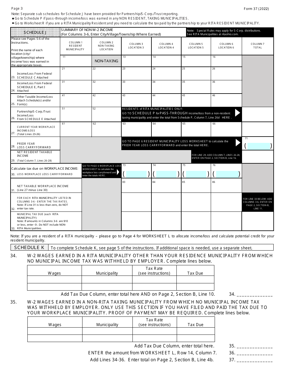 Form 37 Individual Municipal Income Tax Return - Ohio, Page 3