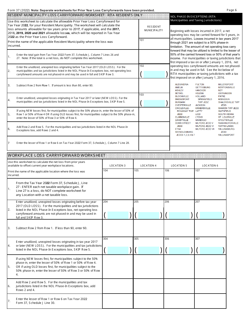 Form 37 Individual Municipal Income Tax Return - Ohio, Page 6