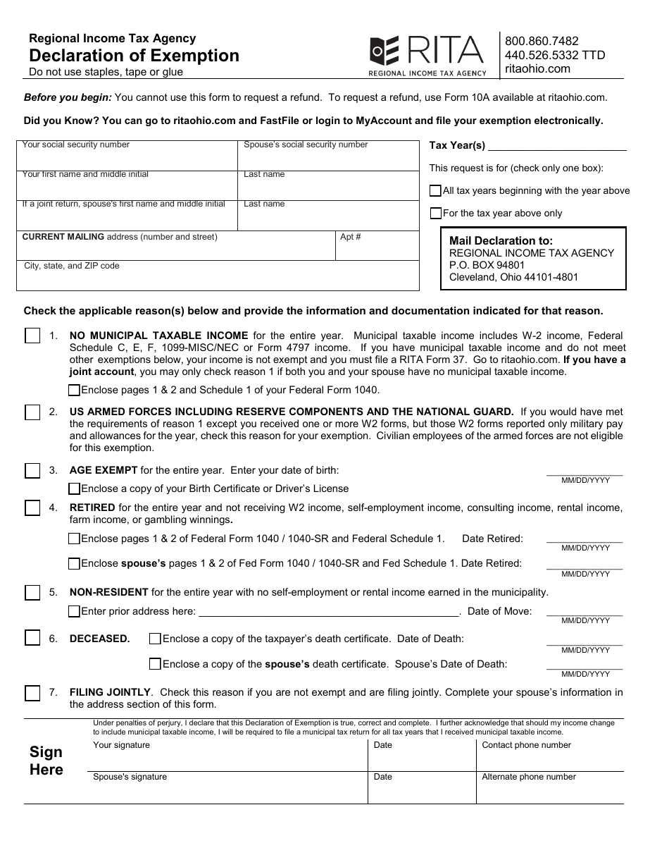 Ohio Declaration Of Exemption - Fill Out, Sign Online And Download PDF ...