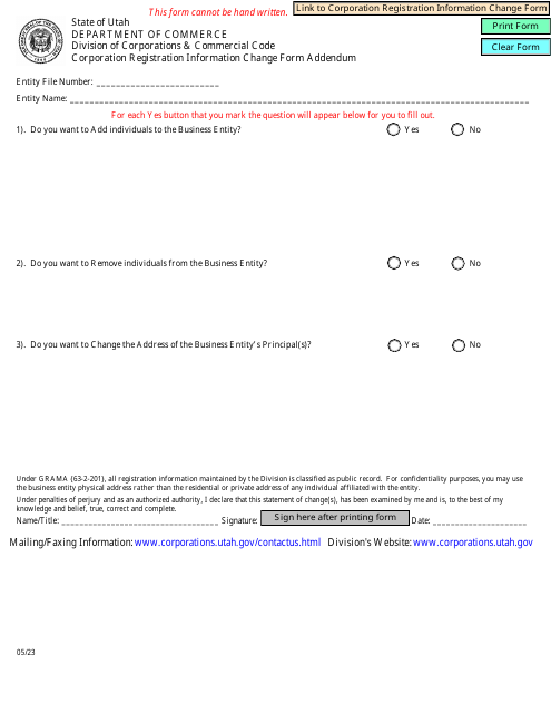 Corporation Registration Information Change Form Addendum - Utah Download Pdf