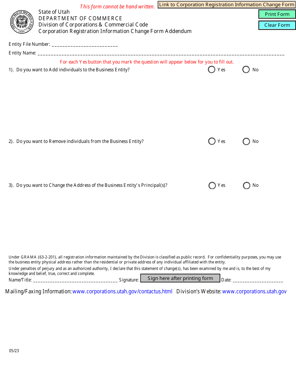 Corporation Registration Information Change Form Addendum - Utah, Page 1