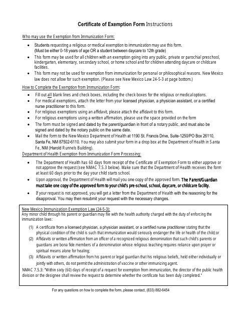 Certificate of Exemption From School / Daycare Immunization Requirements - New Mexico Download Pdf