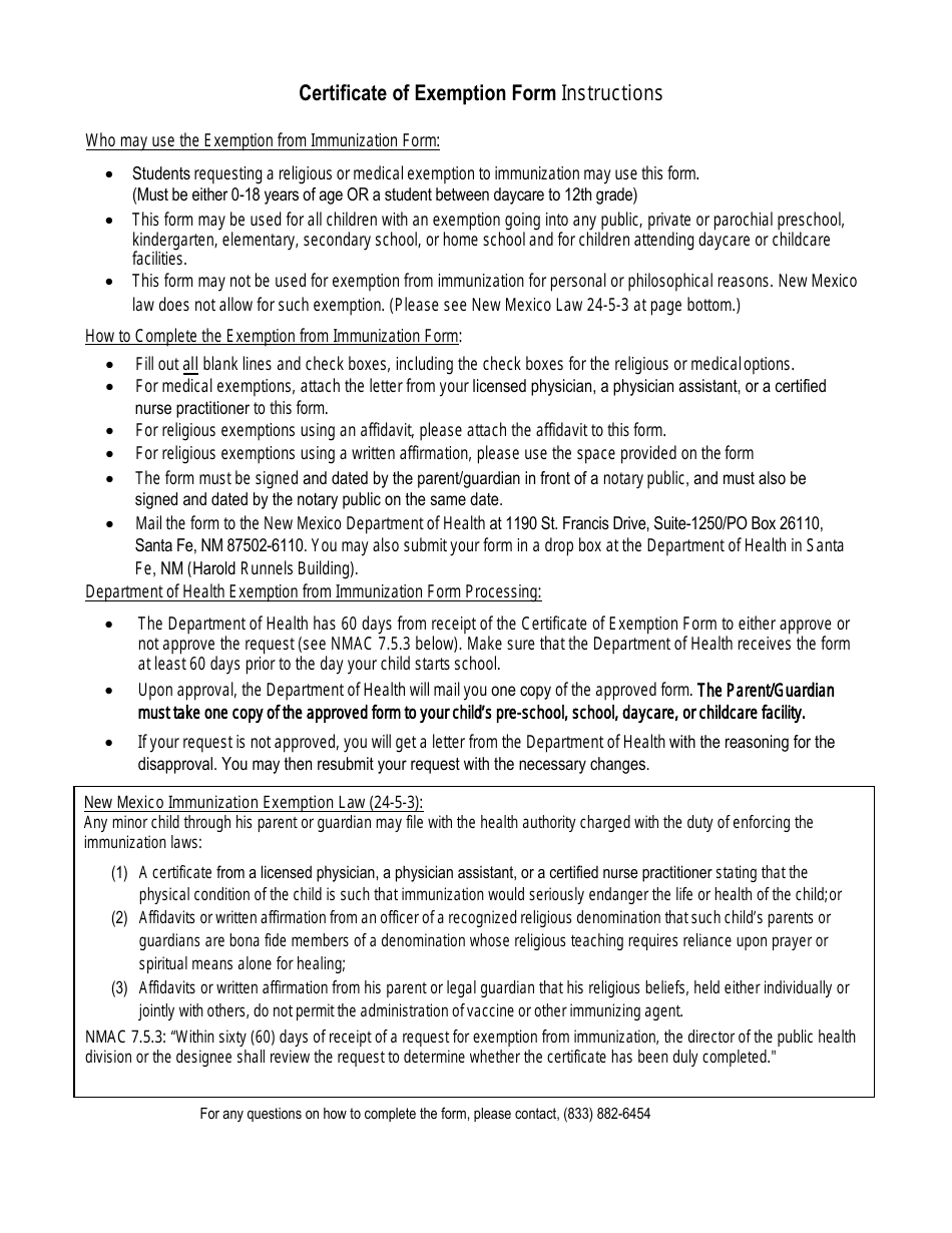 Certificate of Exemption From School / Daycare Immunization Requirements - New Mexico, Page 1