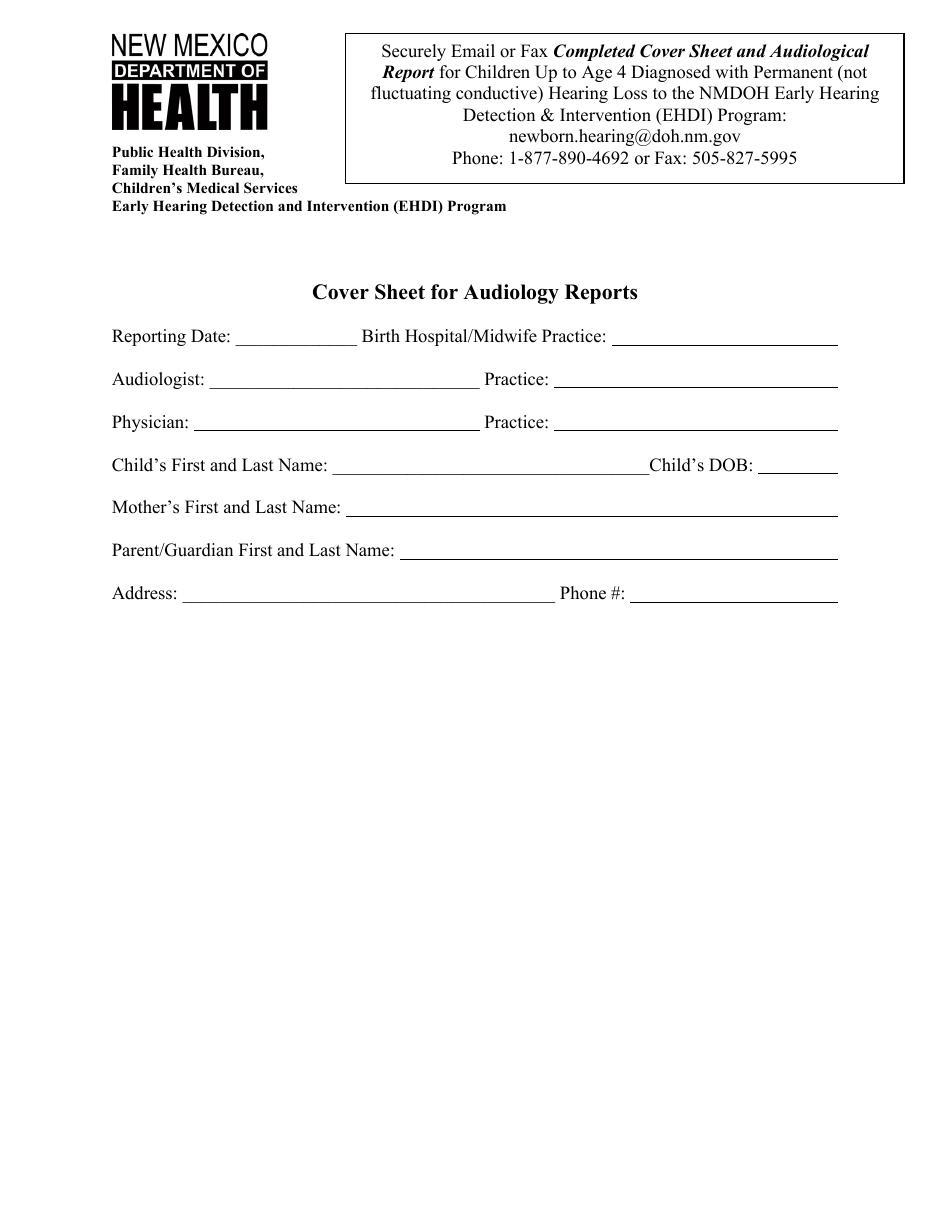 Cover Sheet for Audiology Reports - New Mexico, Page 1