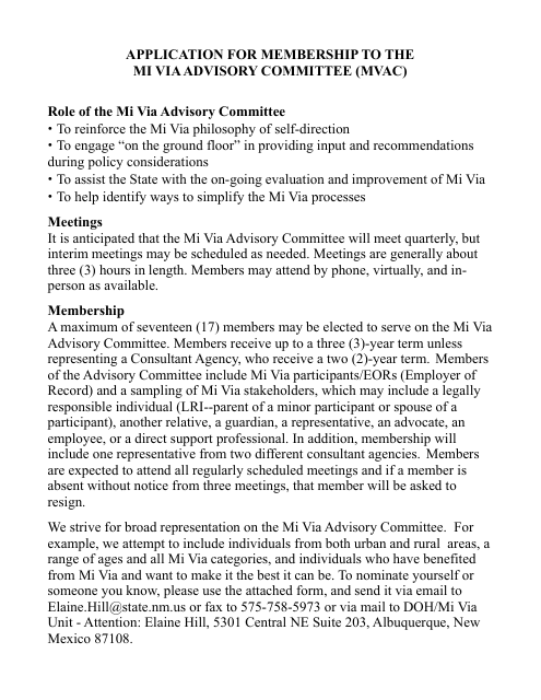 Application for Membership to the Mi via Advisory Committee (Mvac) - New Mexico Download Pdf