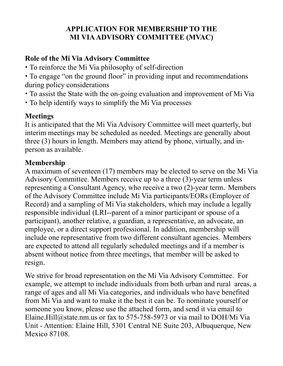 Application for Membership to the Mi via Advisory Committee (Mvac) - New Mexico, Page 1