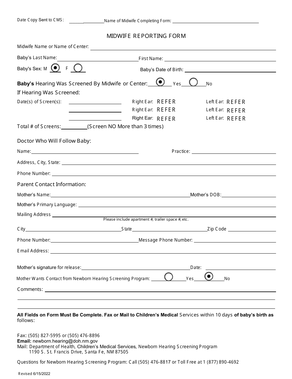 Midwife Reporting Form - New Mexico, Page 1