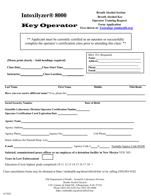 Breath Alcohol Key Operator Training Request - New Mexico Download Pdf