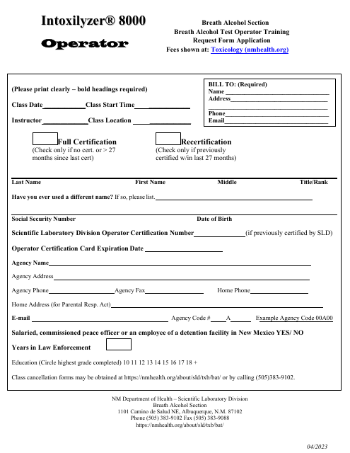 Breath Alcohol Test Operator Training Request Form Application - New Mexico