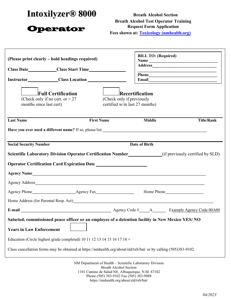Breath Alcohol Test Operator Training Request Form Application - New Mexico, Page 1