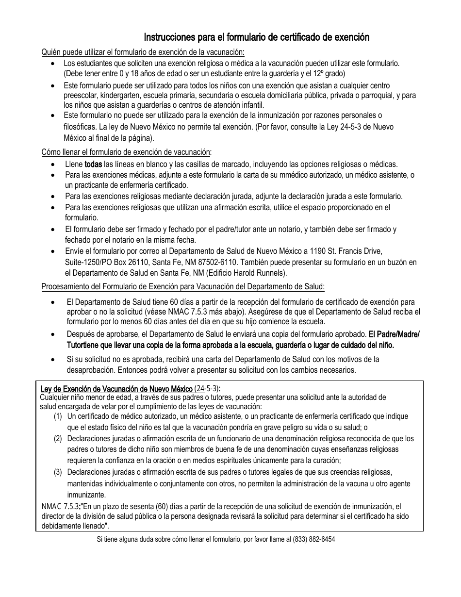 Certificado De Excencion Para Requisitos De Vacunacion De La Escuela / Guarderia - New Mexico (Spanish), Page 1