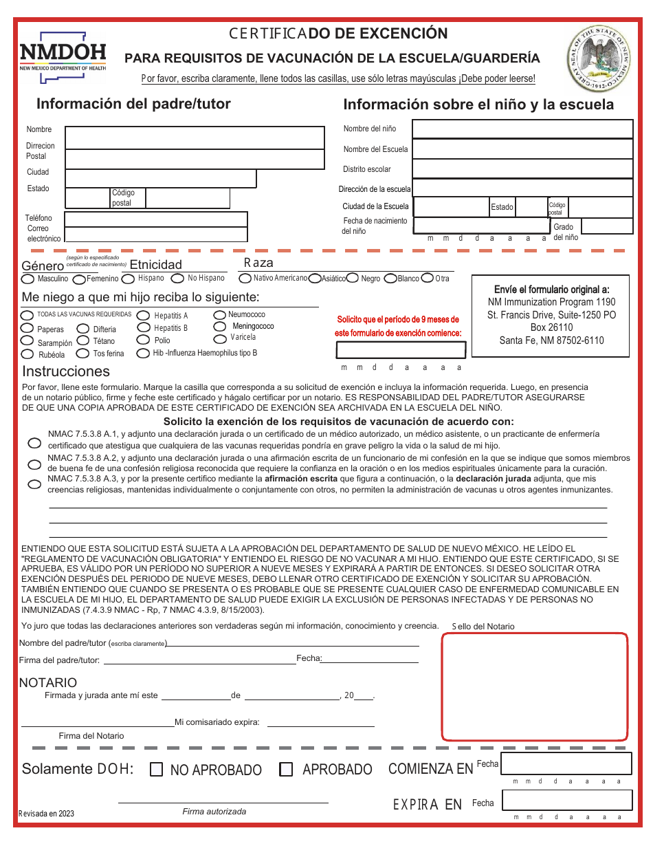 Certificado De Excencion Para Requisitos De Vacunacion De La Escuela / Guarderia - New Mexico (Spanish), Page 2