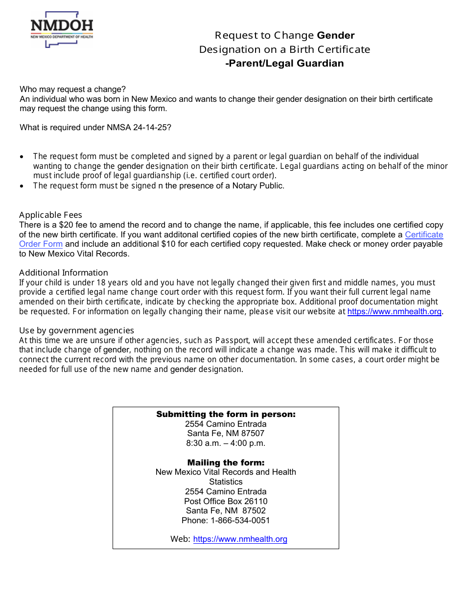 Request to Change Gender Designation on a Birth Certificate - Parent / Legal Guardian - New Mexico, Page 1