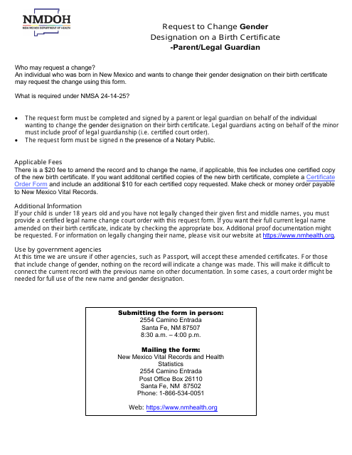 Request to Change Gender Designation on a Birth Certificate - Parent / Legal Guardian - New Mexico Download Pdf