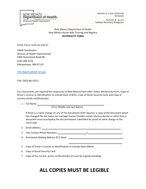 New Mexico Nurse Aide Training and Registry Reciprocity Form - New Mexico Download Pdf