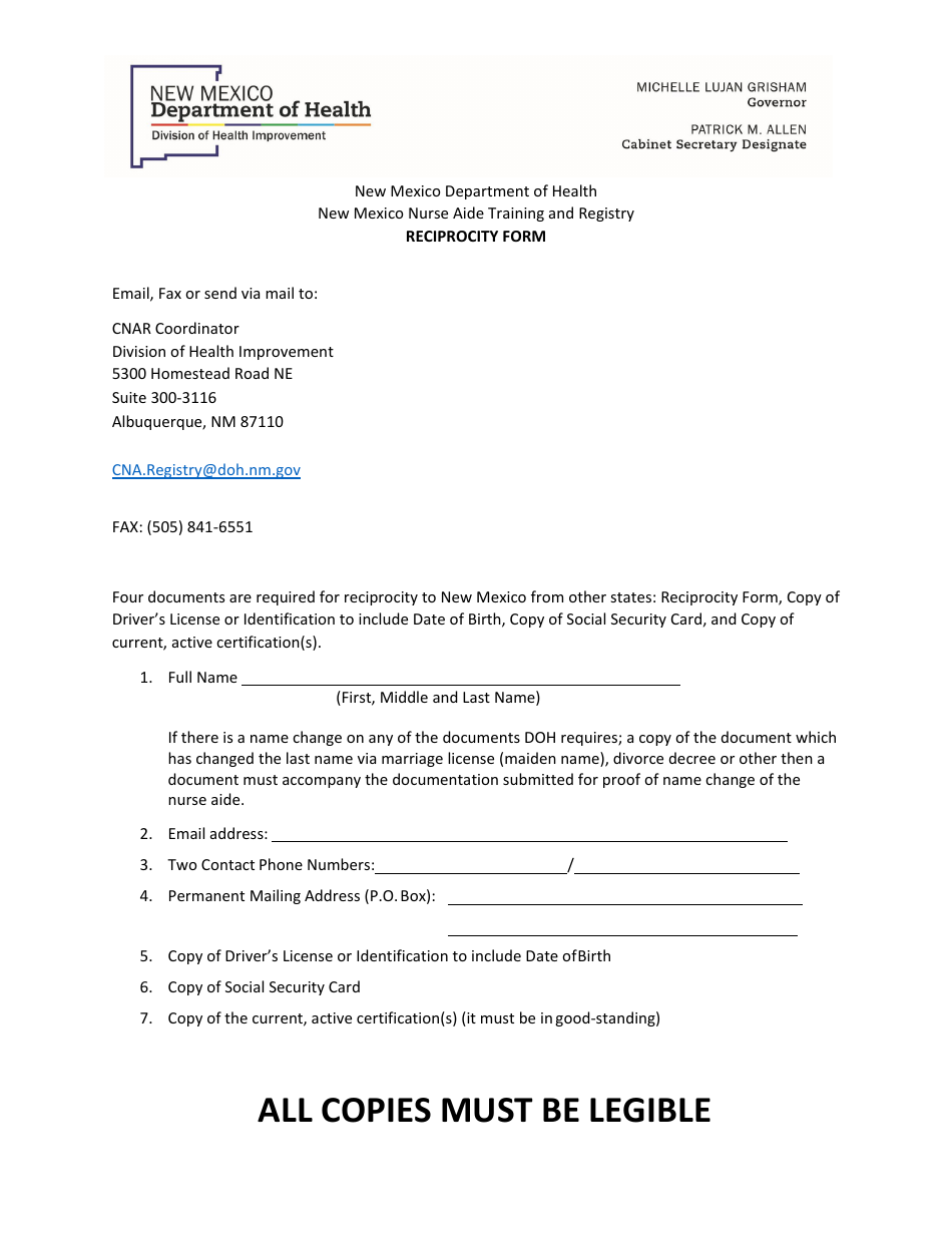 New Mexico Nurse Aide Training and Registry Reciprocity Form - New Mexico, Page 1