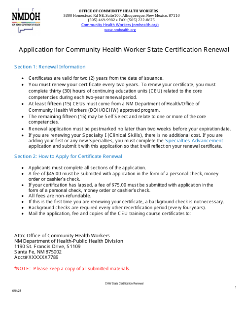 Application for Community Health Worker State Certification Renewal - New Mexico Download Pdf