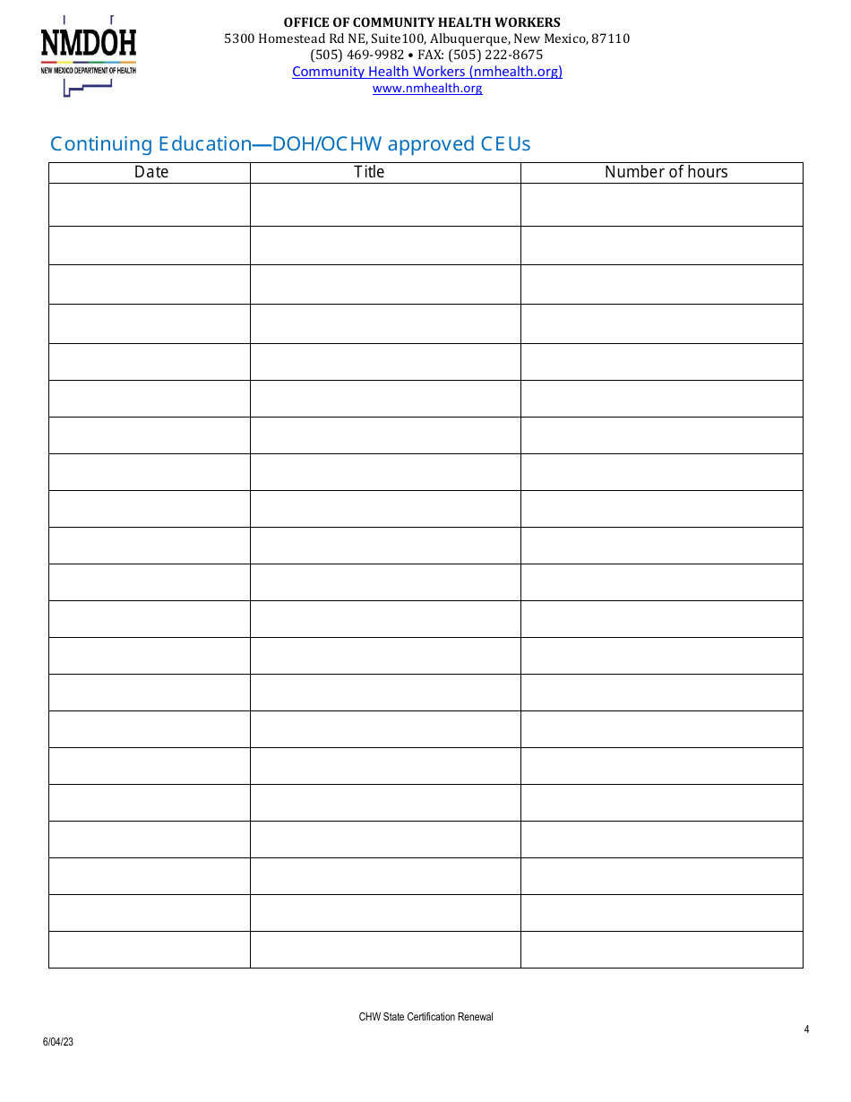 Application for Community Health Worker State Certification Renewal - New Mexico, Page 4