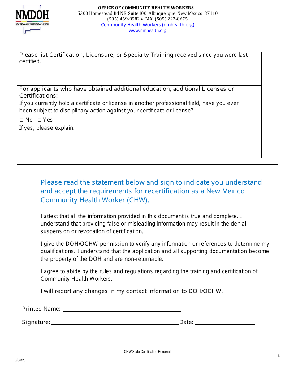 Application for Community Health Worker State Certification Renewal - New Mexico, Page 6