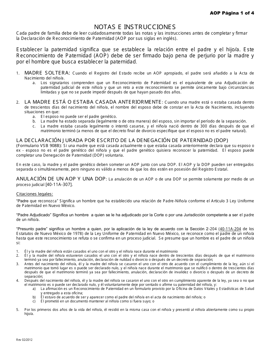 Declaracion De Reconocimiento De Paternidad - New Mexico (Spanish), Page 1