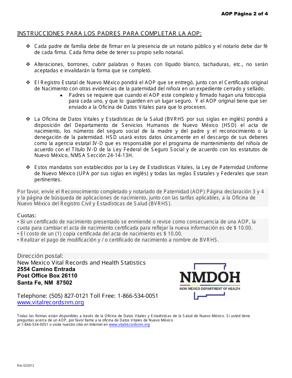 Declaracion De Reconocimiento De Paternidad - New Mexico (Spanish), Page 2