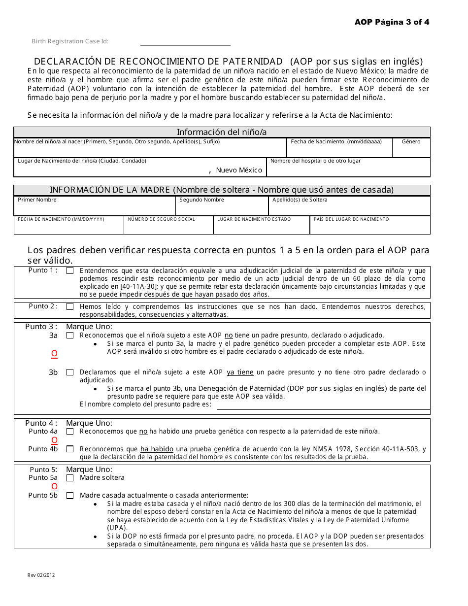 Declaracion De Reconocimiento De Paternidad - New Mexico (Spanish), Page 3
