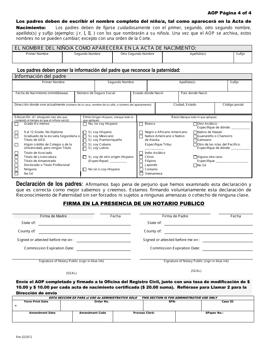 Declaracion De Reconocimiento De Paternidad - New Mexico (Spanish), Page 4