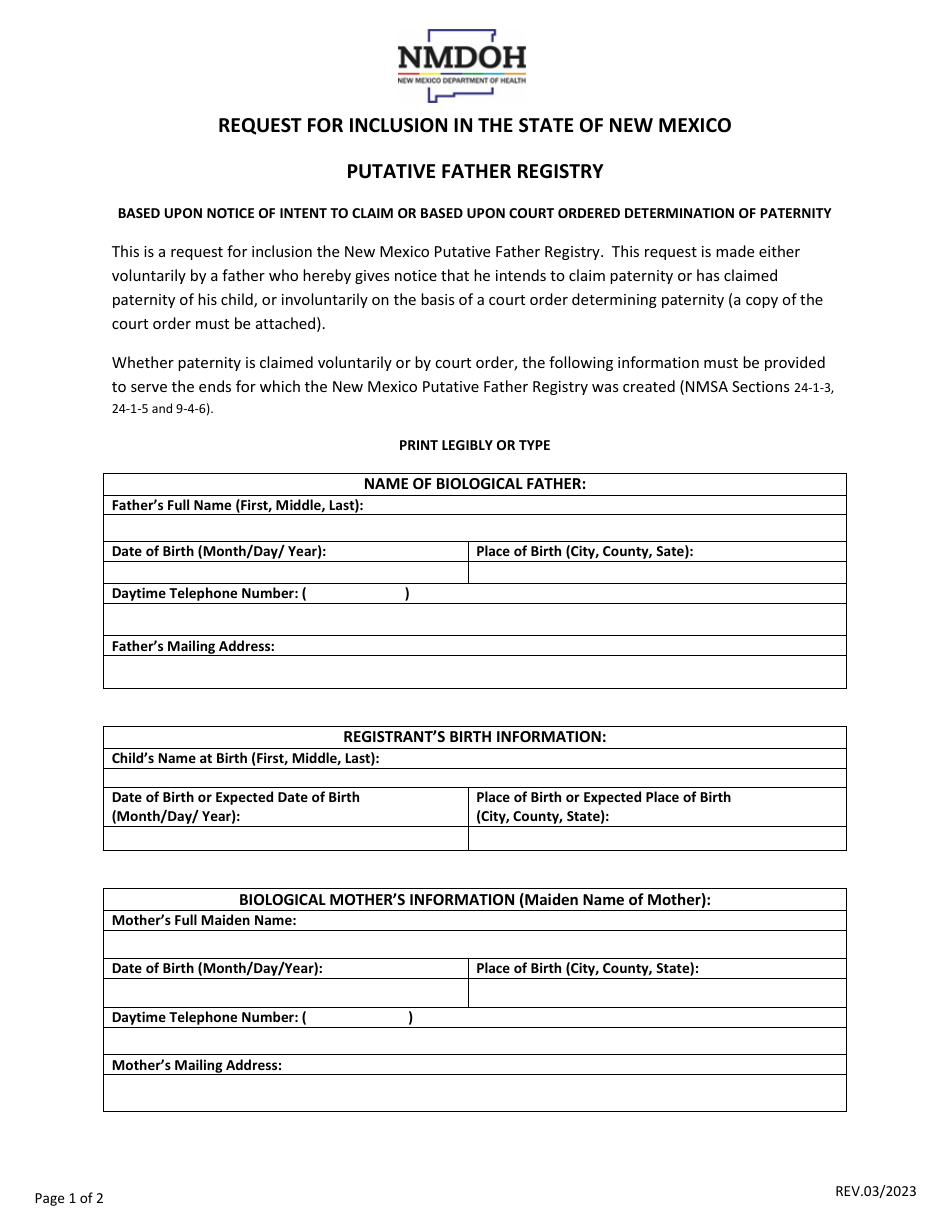 Putative Father Registry Inclusion Request - New Mexico, Page 1