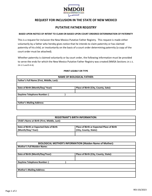 Putative Father Registry Inclusion Request - New Mexico Download Pdf