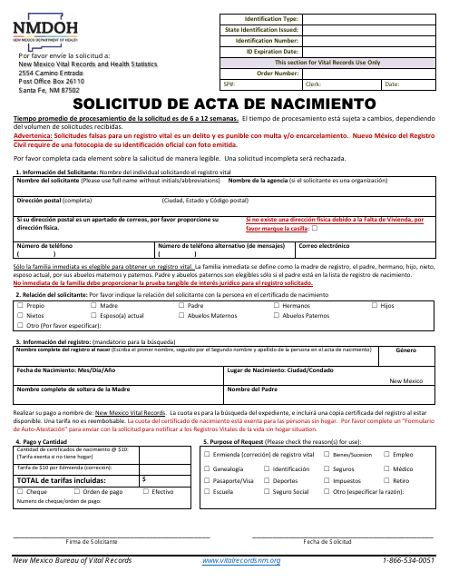 Solicitud De Acta De Nacimiento - New Mexico (Spanish) Download Pdf