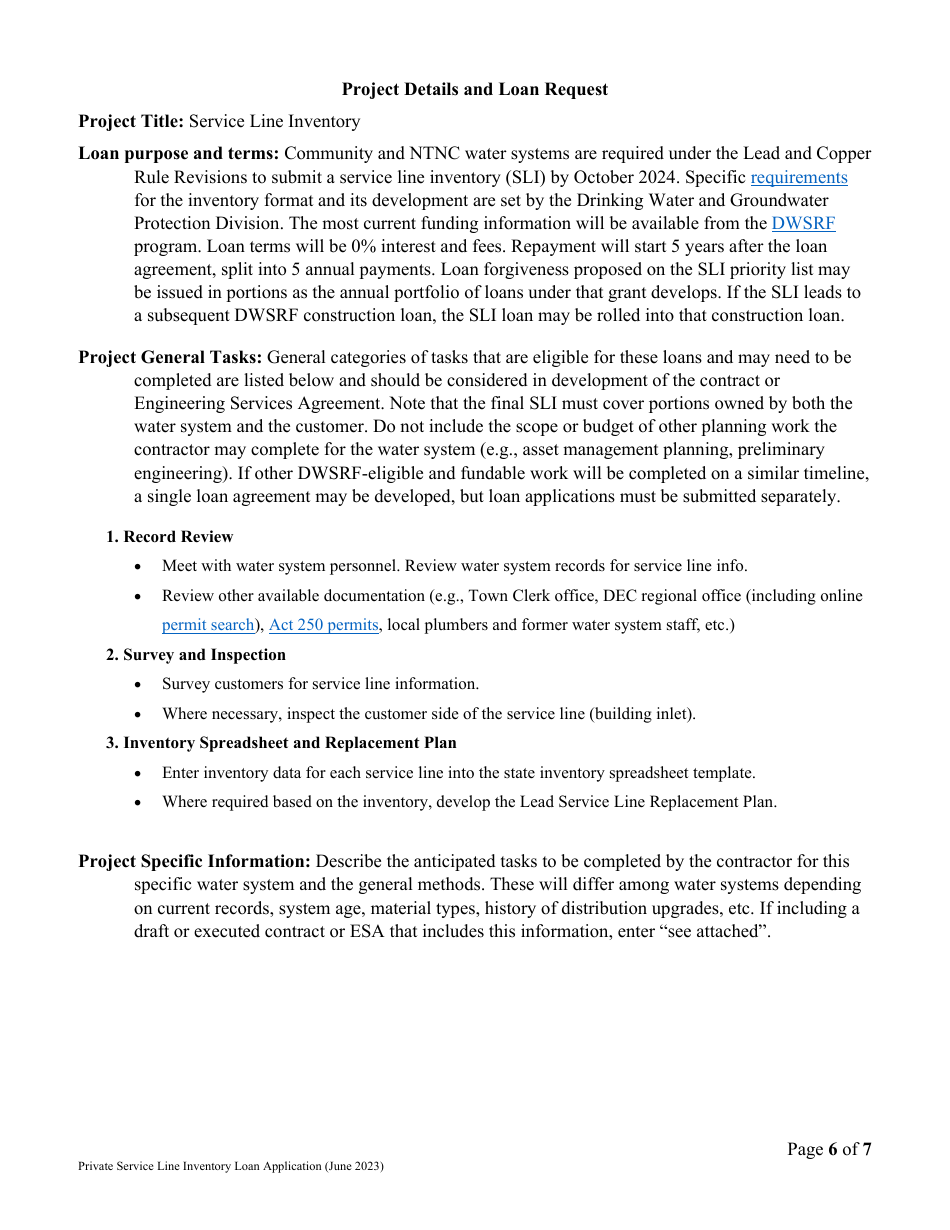 Vermont Drinking Water State Revolving Fund (Dwsrf) Service Line Inventory Loan Application - Private Water System Version - Vermont, Page 6