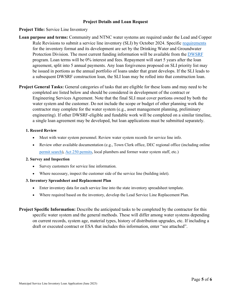 Vermont Drinking Water State Revolving Fund (Dwsrf) Service Line Inventory Loan Application - Municipal Water System Version - Vermont, Page 5