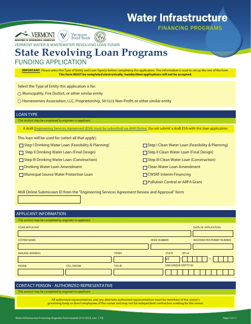 Funding Application - State Revolving Loan Programs - Vermont
