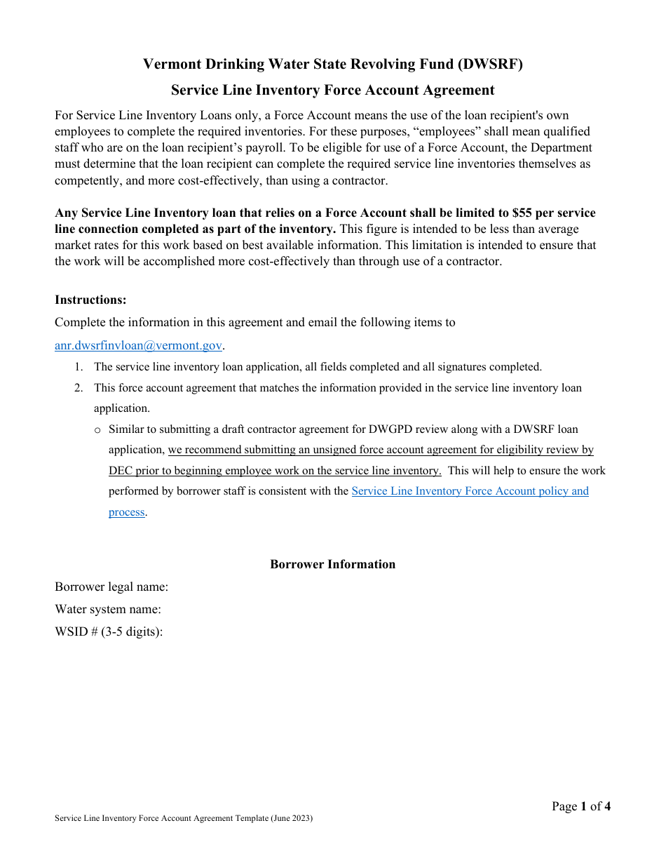 Vermont Drinking Water State Revolving Fund (Dwsrf) Service Line Inventory Force Account Agreement - Vermont, Page 1