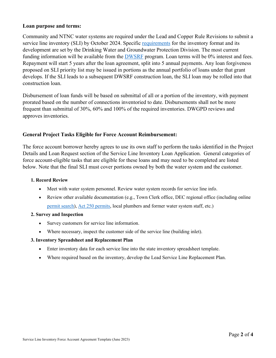 Vermont Drinking Water State Revolving Fund (Dwsrf) Service Line Inventory Force Account Agreement - Vermont, Page 2