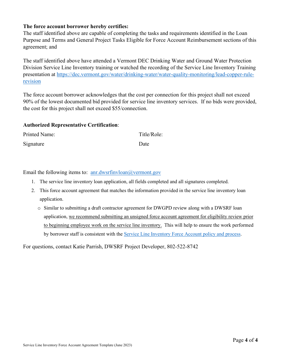 Vermont Drinking Water State Revolving Fund (Dwsrf) Service Line Inventory Force Account Agreement - Vermont, Page 4