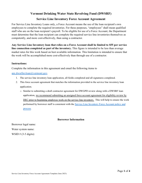 Vermont Drinking Water State Revolving Fund (Dwsrf) Service Line Inventory Force Account Agreement - Vermont Download Pdf