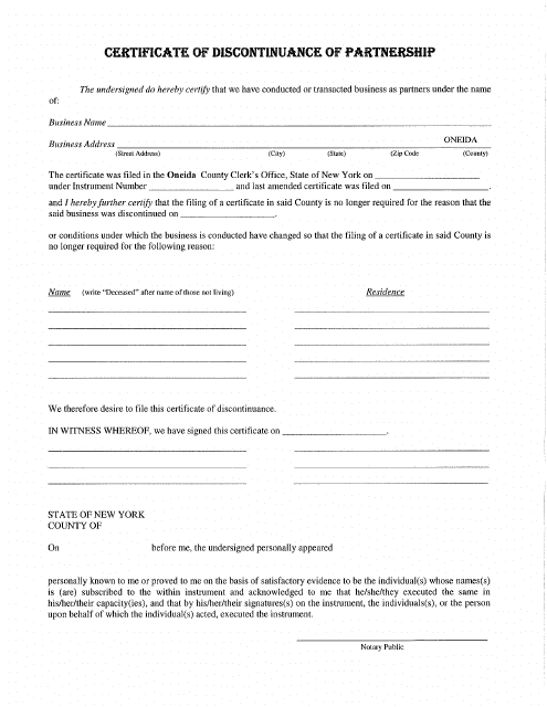 Certificate of Discontinuance of Partnership - Oneida County, New York Download Pdf