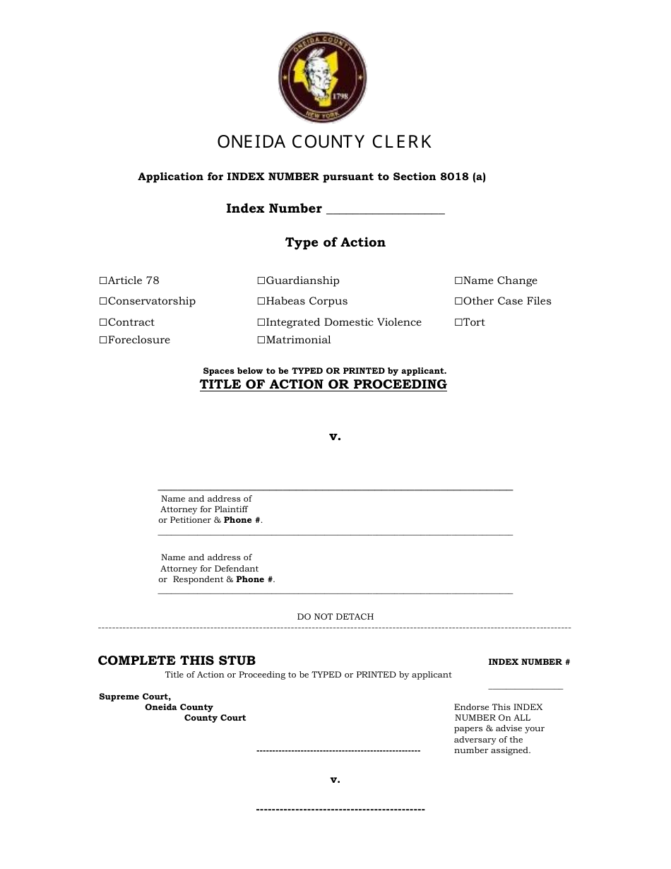 Application for Index Number Pursuant to Section 8018 (A) - Oneida County, New York, Page 1
