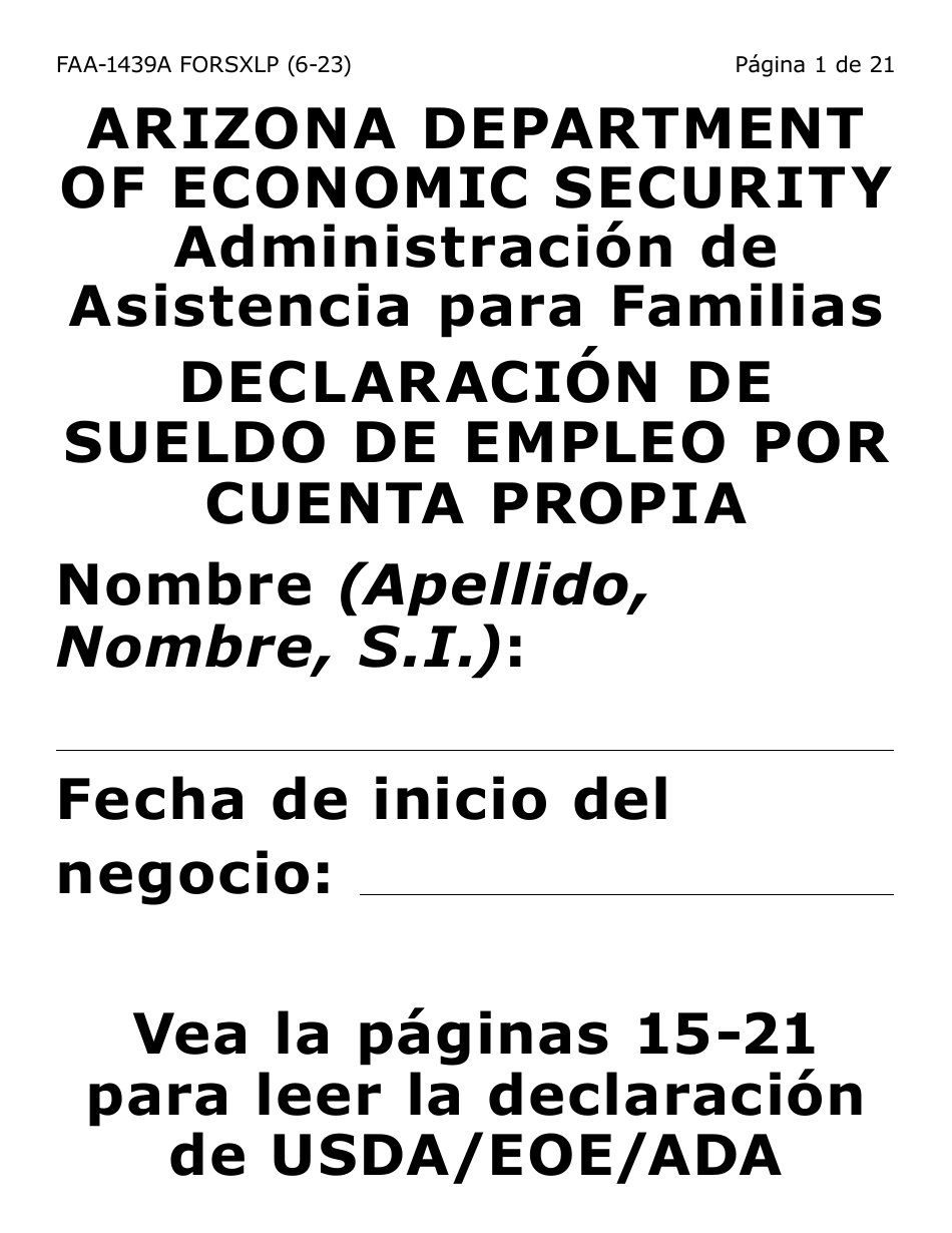 Formulario FAA-1439A-SXLP Declaracion De Sueldo De Empleo Por Cuenta Propia (Letra Extra Grande) - Arizona (Spanish), Page 1