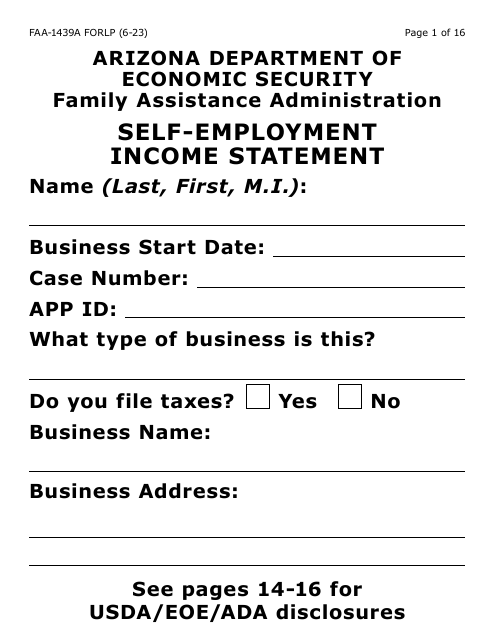 Form FAA-1439A-LP Self-employment Income Statement (Large Print) - Arizona