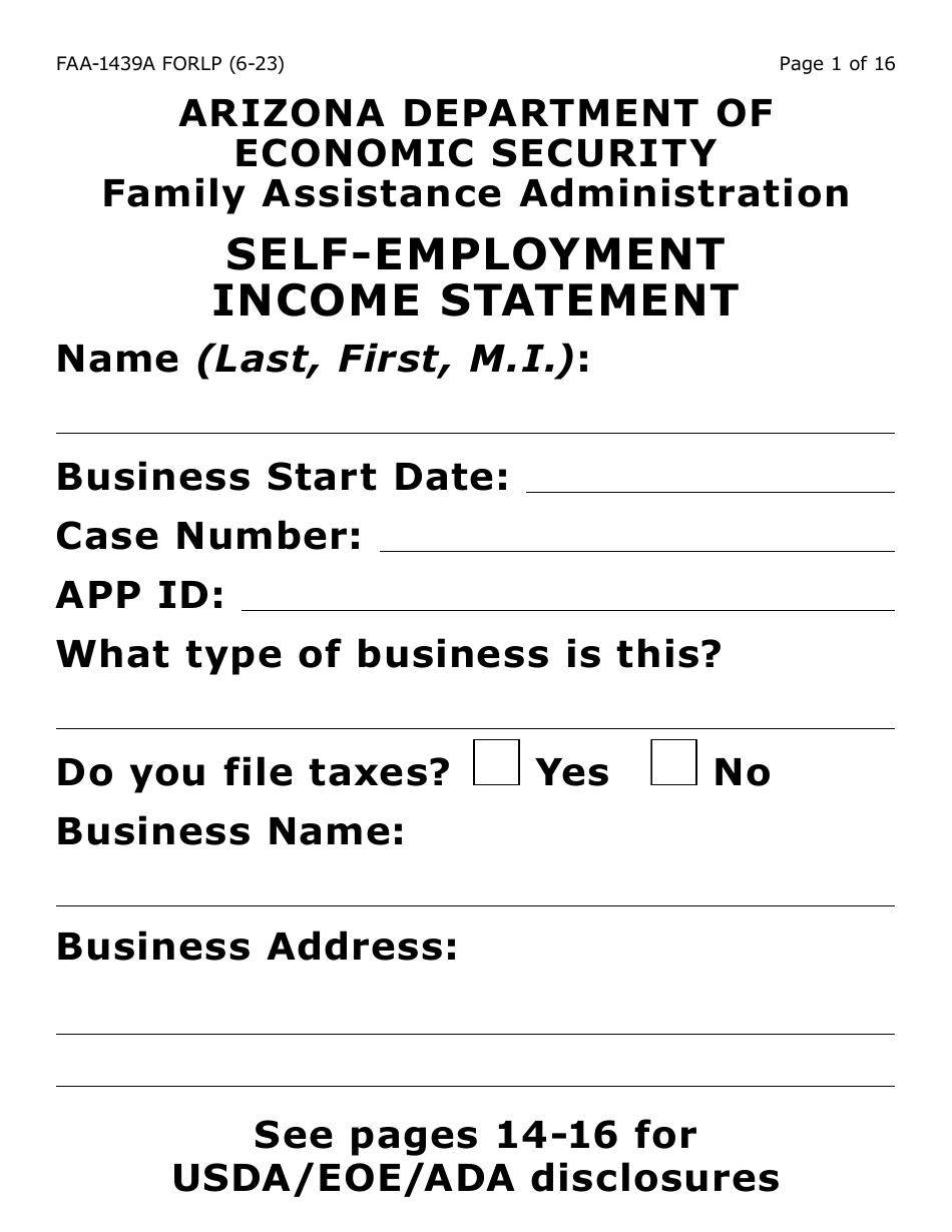 Form FAA-1439A-LP Self-employment Income Statement (Large Print) - Arizona, Page 1