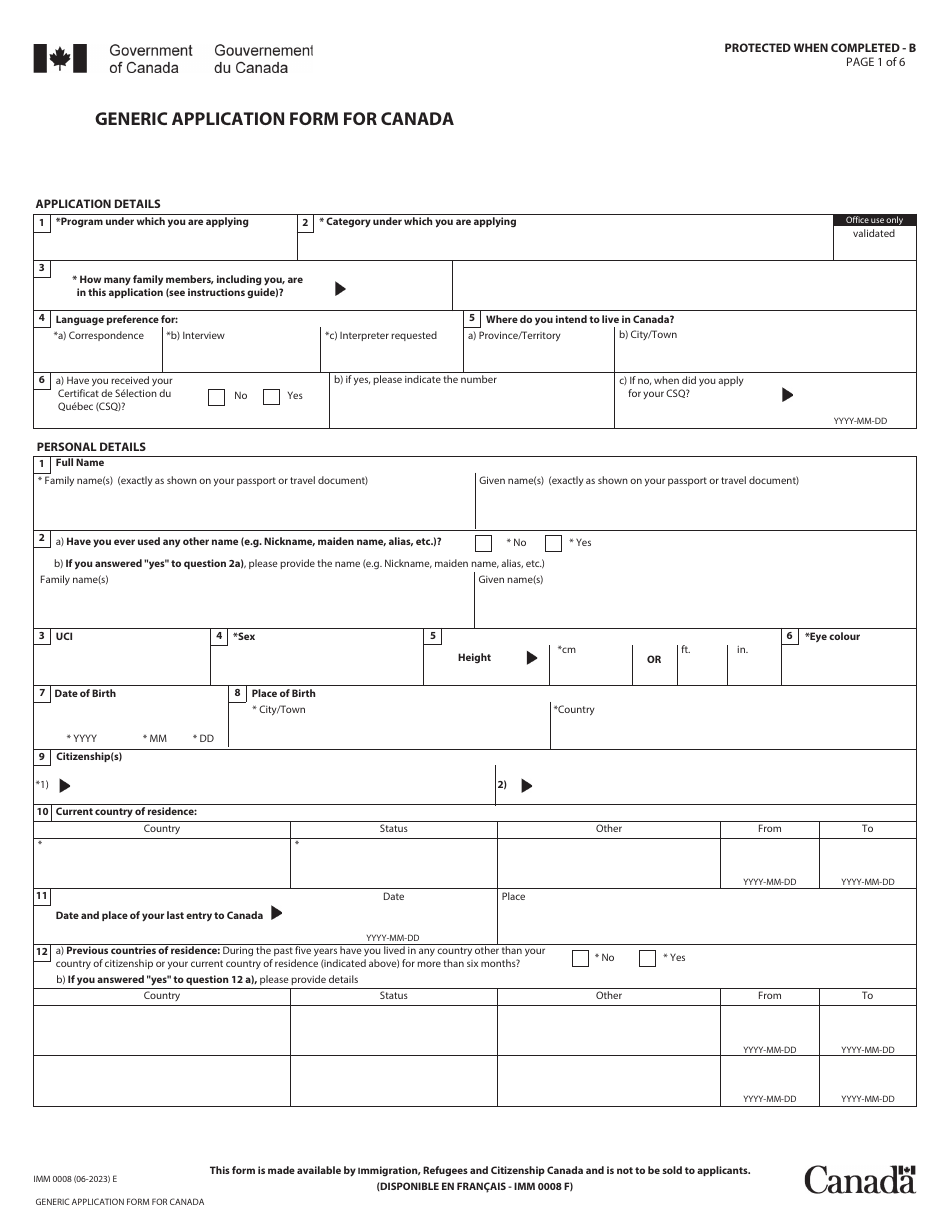 Form IMM0008 Generic Application Form for Canada - Canada, Page 1