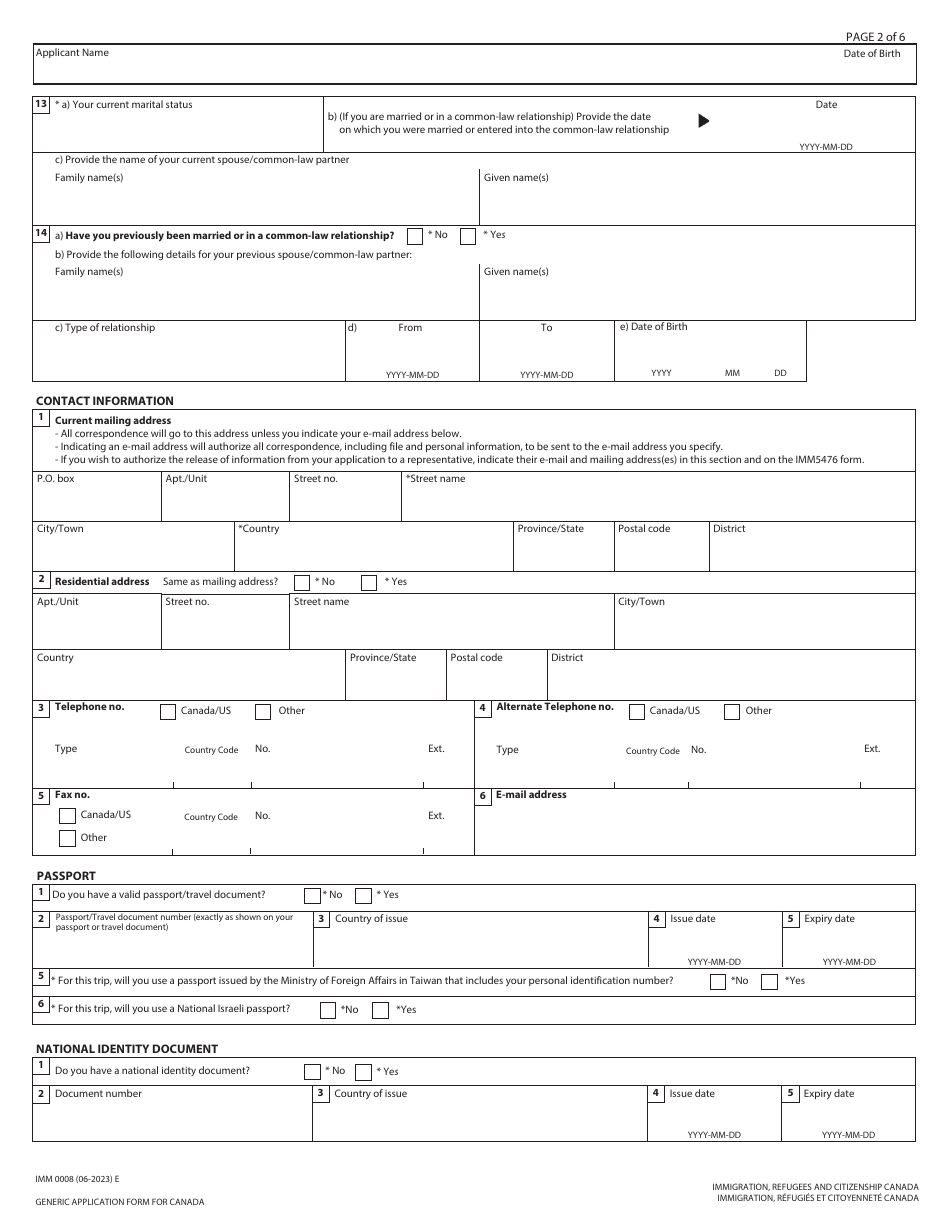 Form IMM0008 Download Fillable PDF Generic Application Form for Canada ...