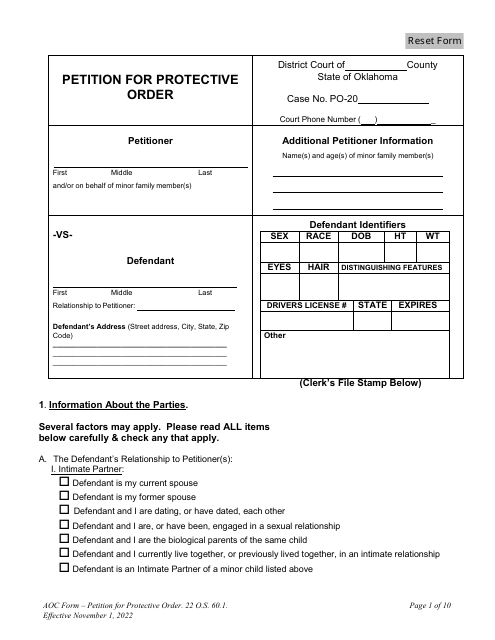 Petition for Protective Order - Oklahoma Download Pdf
