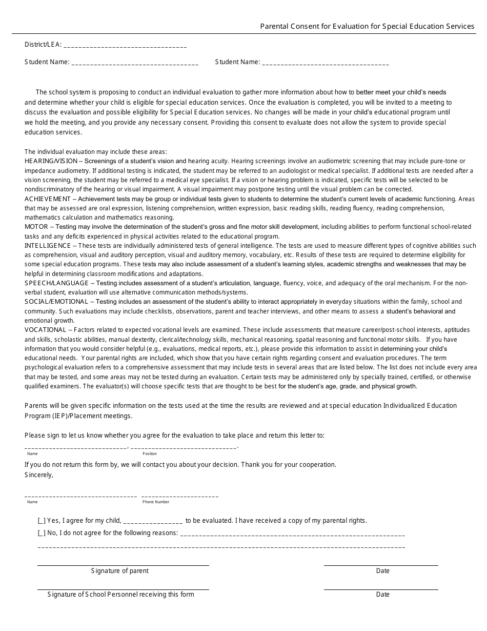 Parental Consent for Evaluation for Special Education Services - Georgia (United States), Page 1