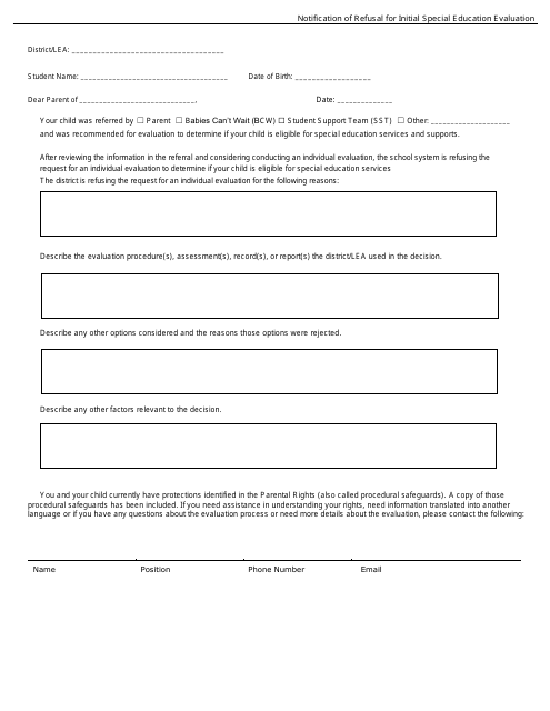Notification of Refusal for Initial Special Education Evaluation - Georgia (United States) Download Pdf