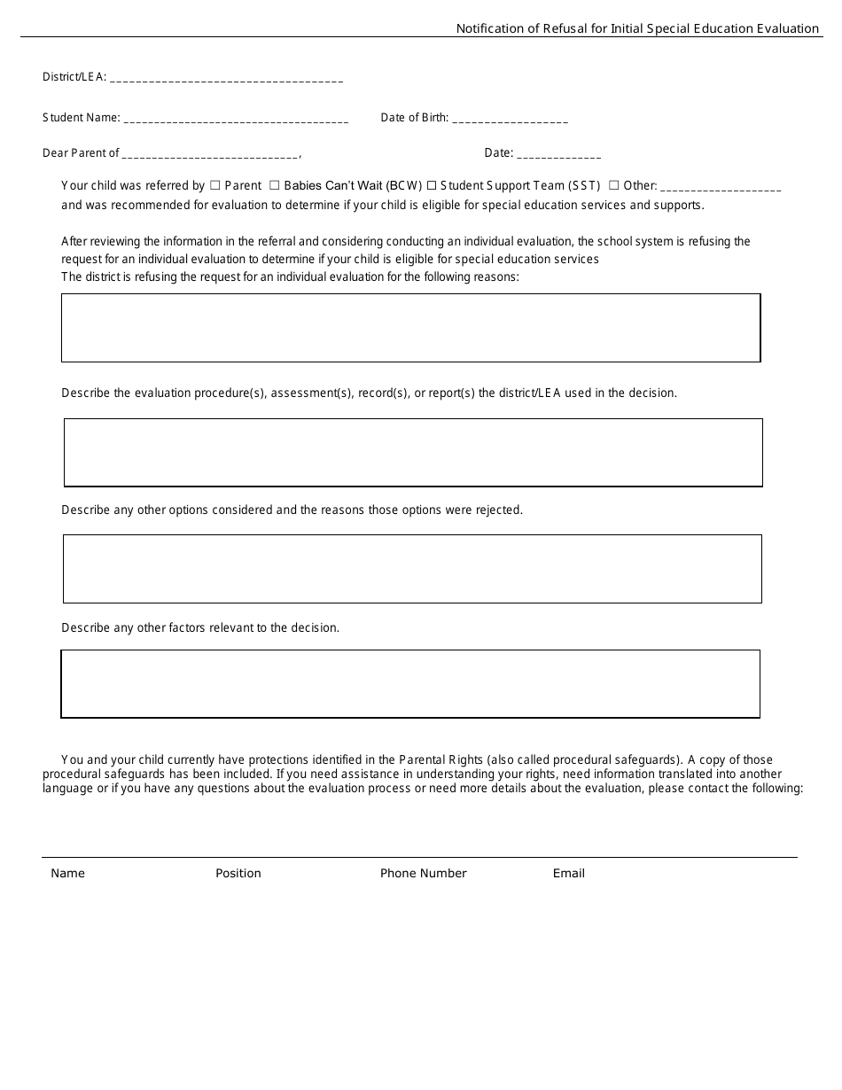 Notification of Refusal for Initial Special Education Evaluation - Georgia (United States), Page 1
