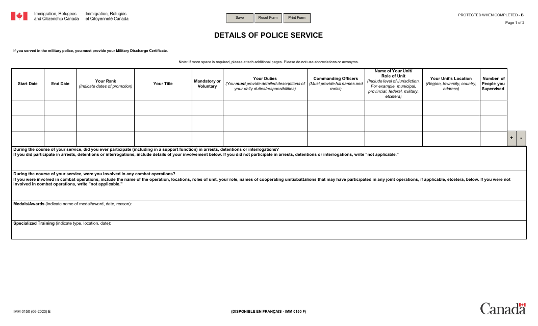 Form IMM0150 Details of Police Service - Canada