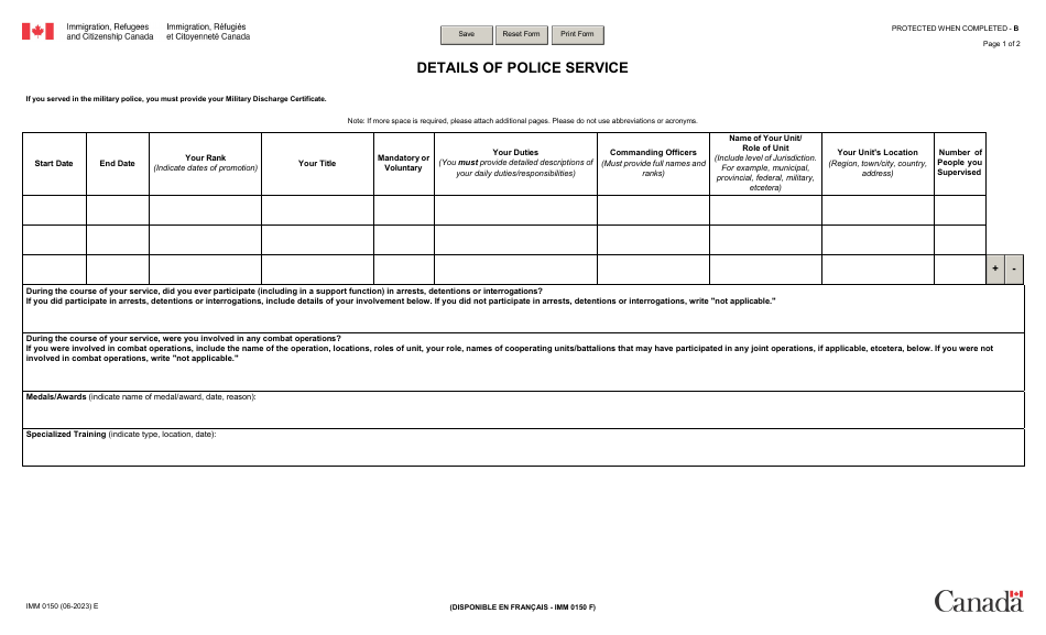 Form IMM0150 Details of Police Service - Canada, Page 1